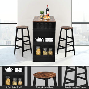 Giantex 3PCS Bar Table Set, Industrial Counter Height Table Set with 2 Bar Stools, Wooden Kitchen Dining Table Kit w/ 3-tier Side Shelf
