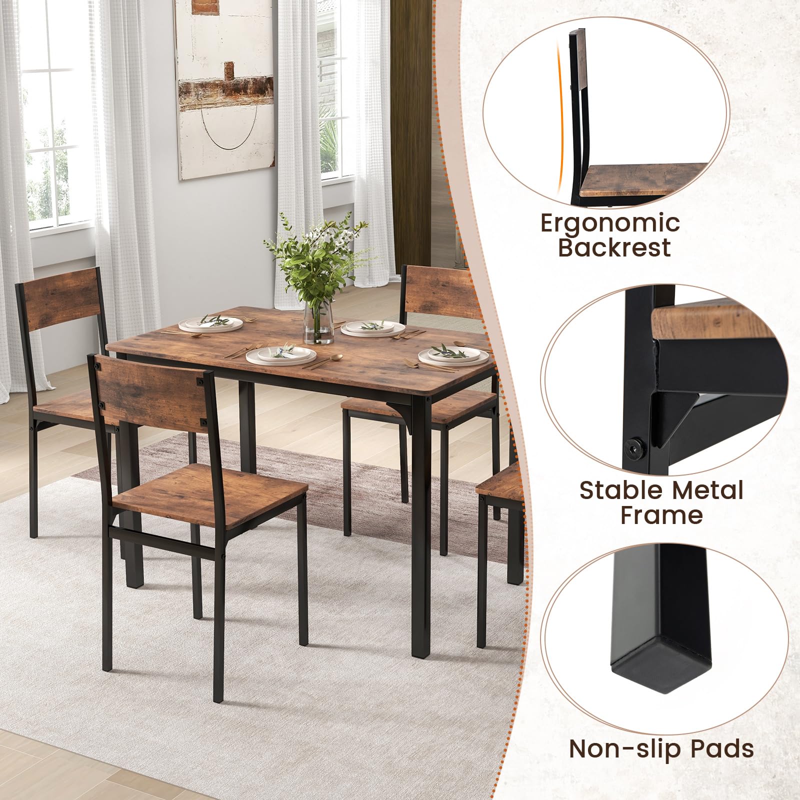 Giantex 5 Piece Dining Table Set, Industrial Style Kitchen Table & Chairs for 4 w/Backrest & Metal Frame