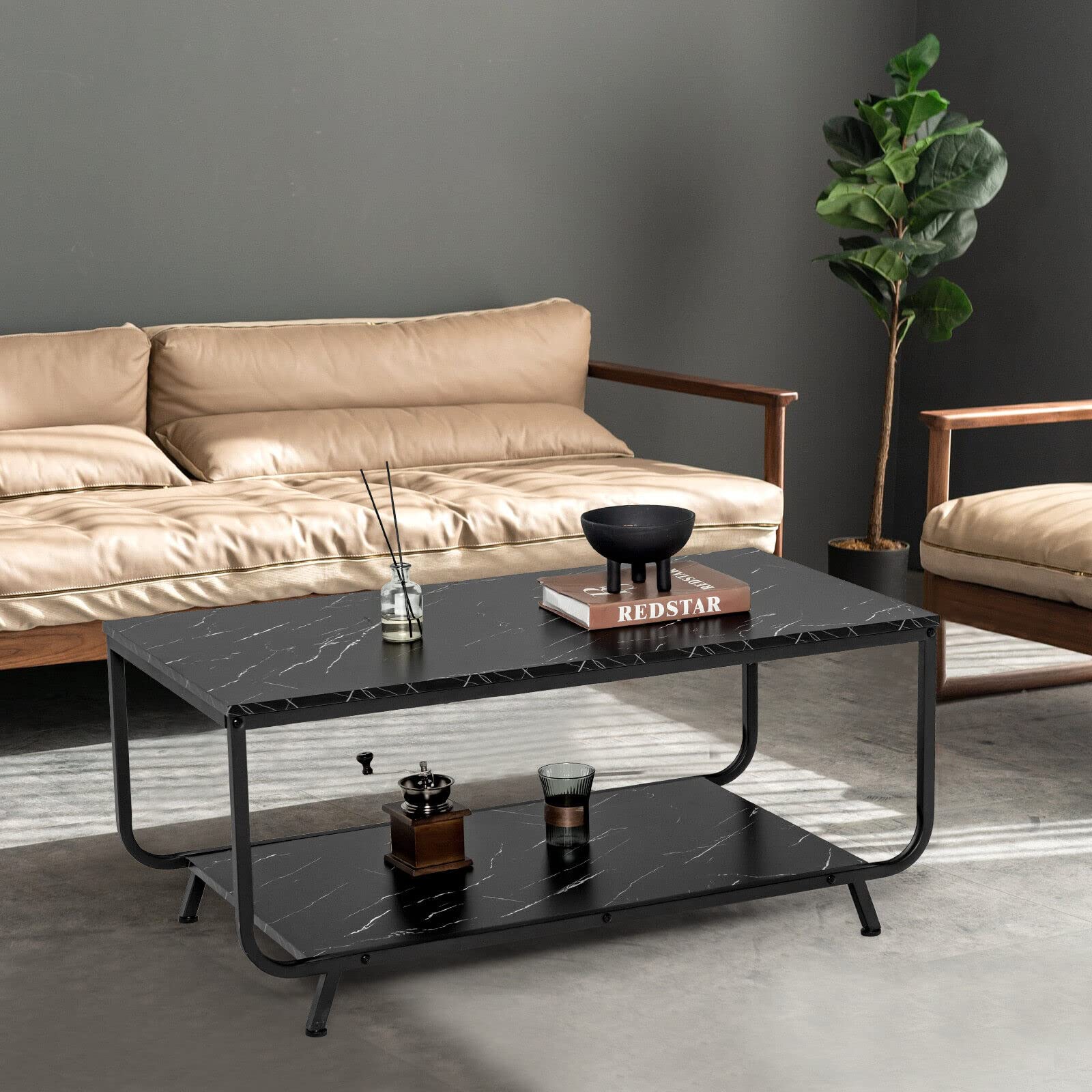 Giantex Marble Coffee Table, Modern Faux Marble Top Coffee Table w/Metal Frame