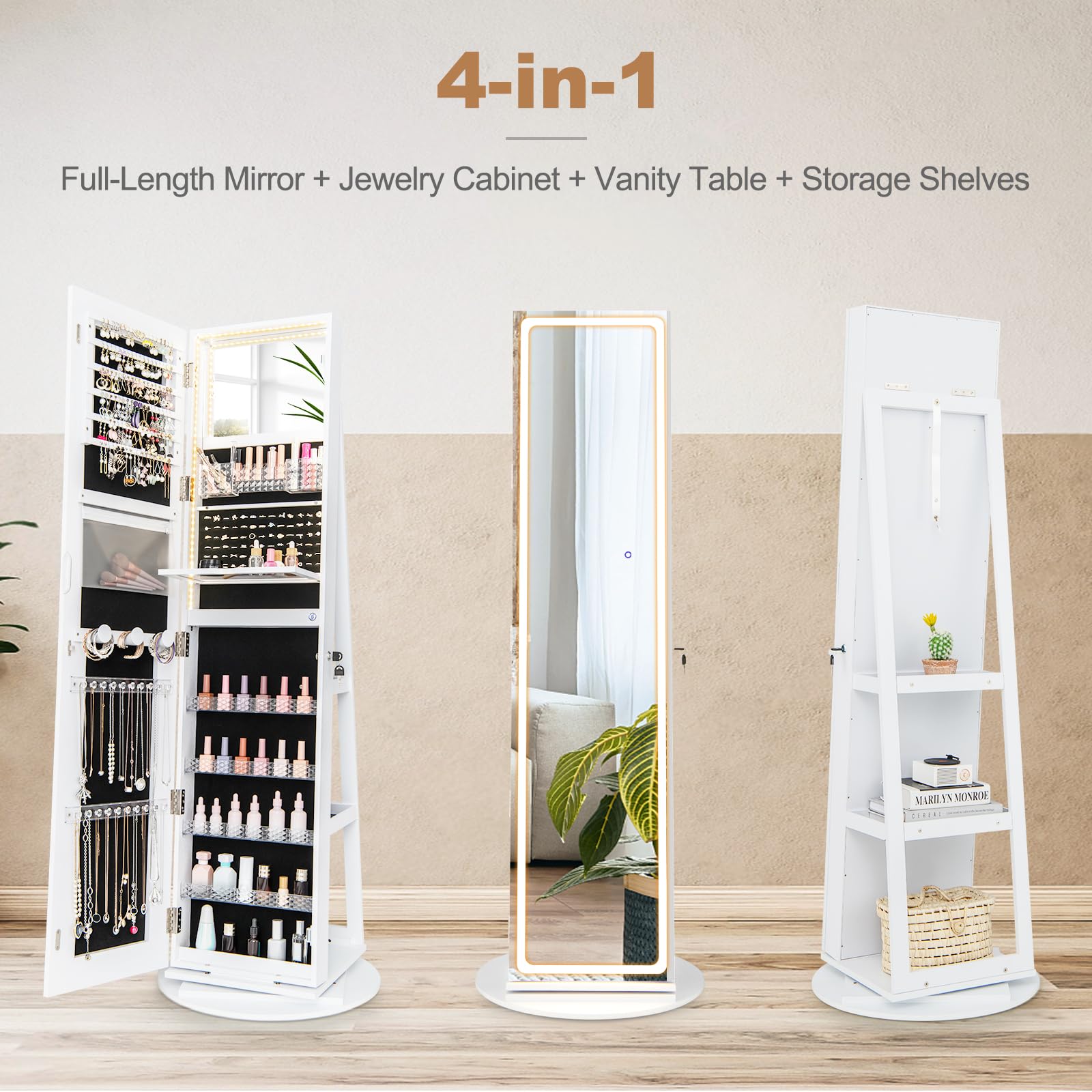 Giantex 160 cm Standing Jewelry Cabinet w/Adjustable LED Lights, 360° Swivel Lockable Jewelry Armoire Organizer w/Full-Length Mirror