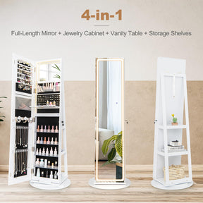 Giantex 160 cm Standing Jewelry Cabinet w/Adjustable LED Lights, 360° Swivel Lockable Jewelry Armoire Organizer w/Full-Length Mirror
