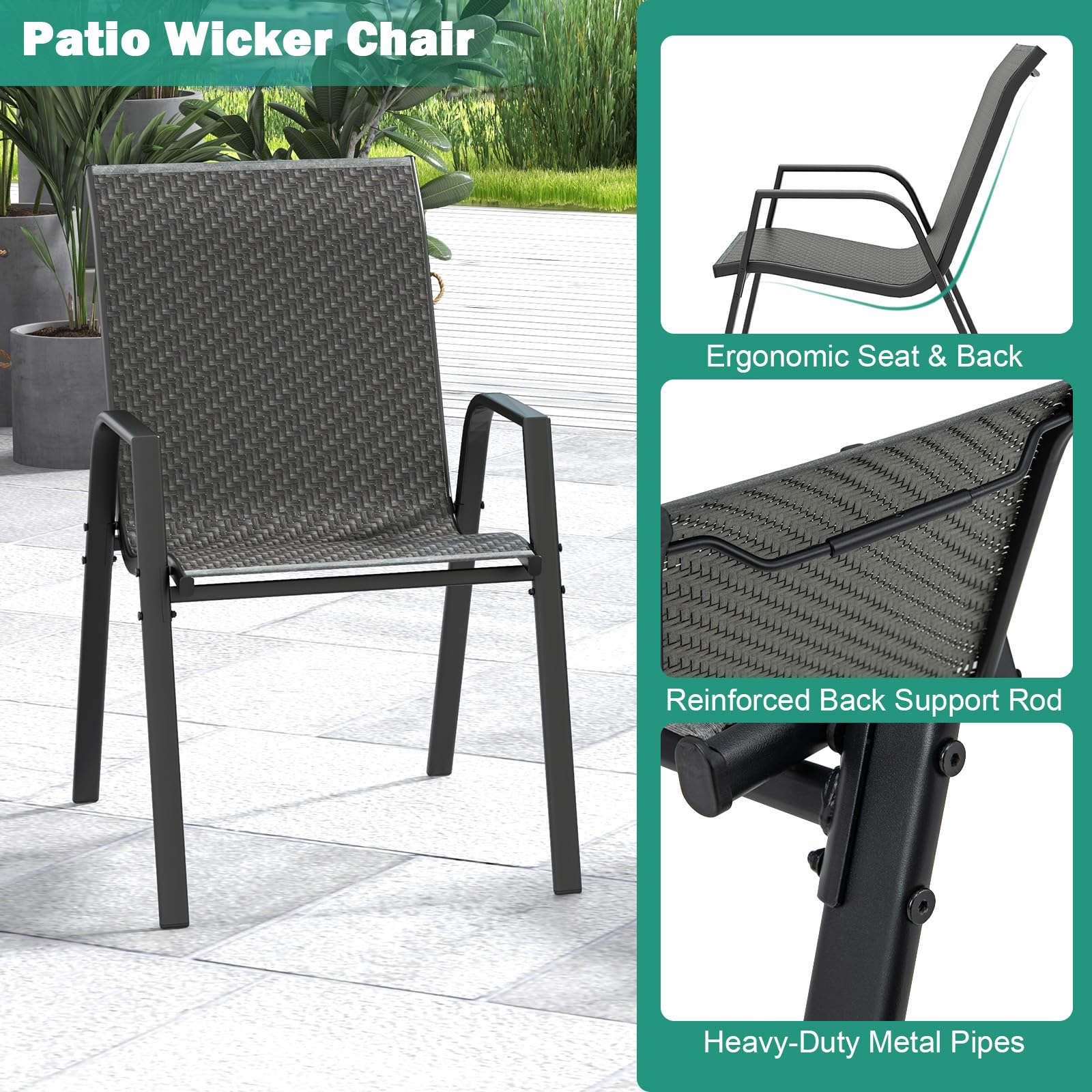 Patio Rattan Chairs Set of 4, Stackable Dining Chair Set with Wicker Woven Backrest & Seat