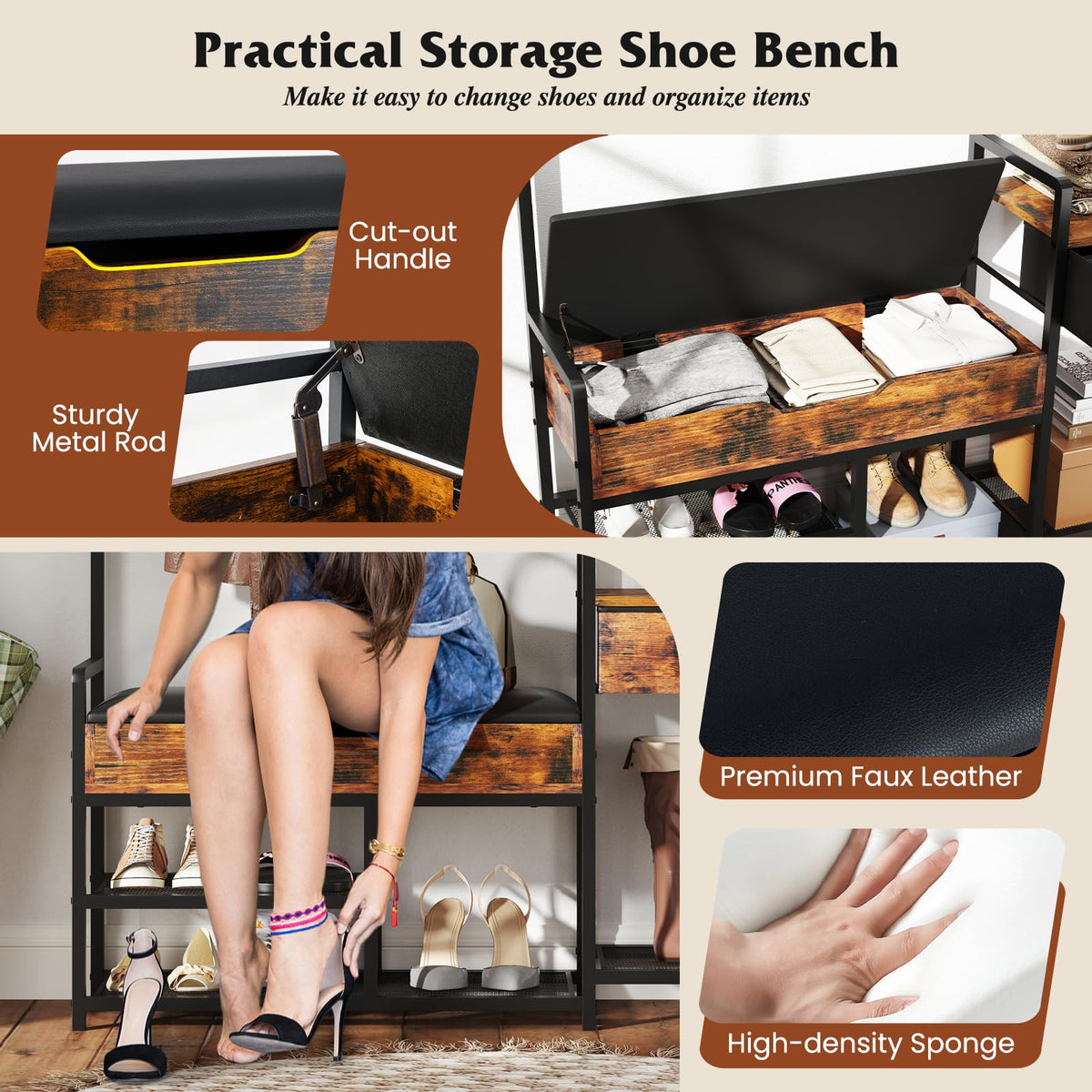 Hall Tree with Shoe Storage Bench, 178 cm Freestanding Coat Rack w/Shoe Rack