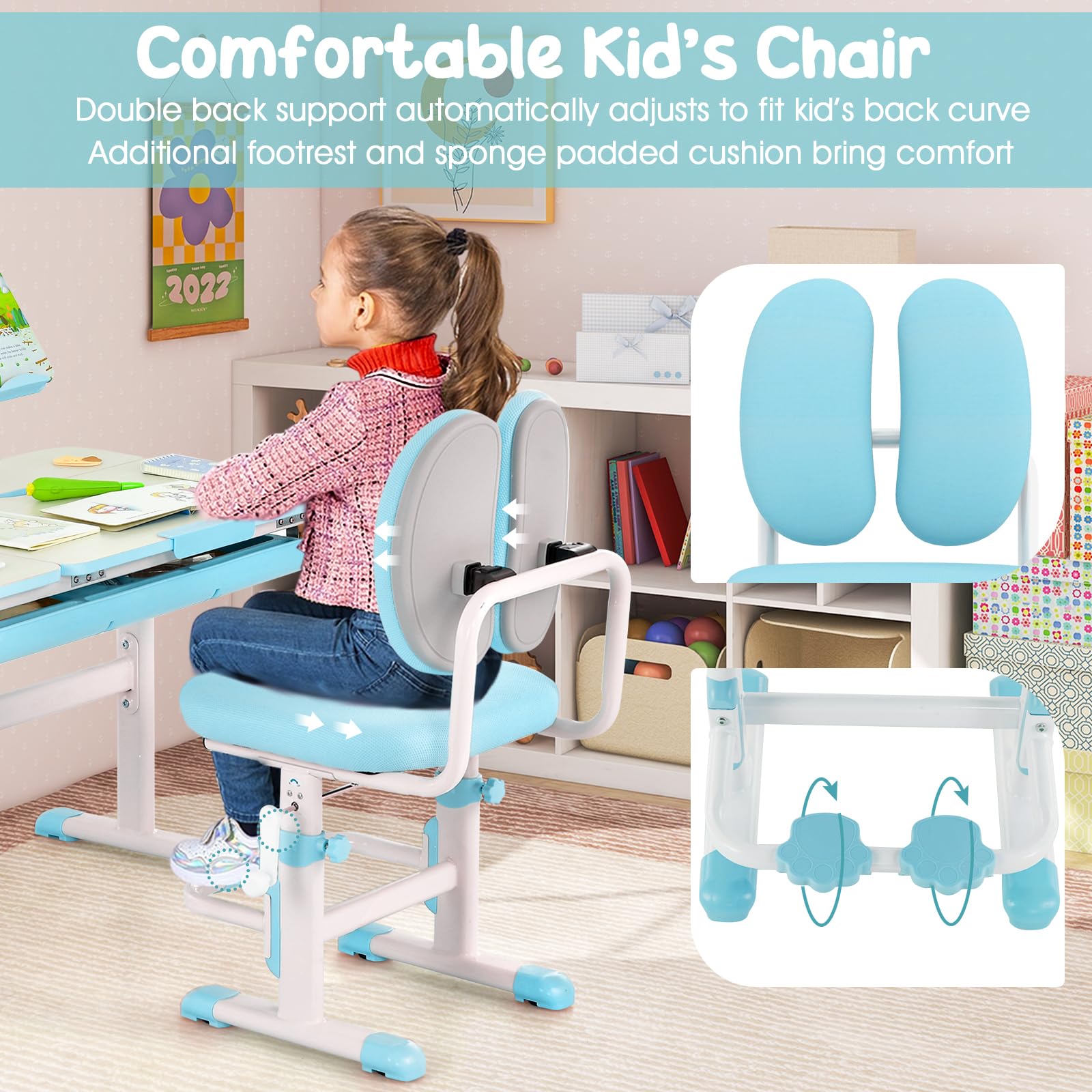HONEY JOY Kids Desk and Chair Set, Student Study Desk w/Adjustable Height, Tiltable Desktop, Book Stand