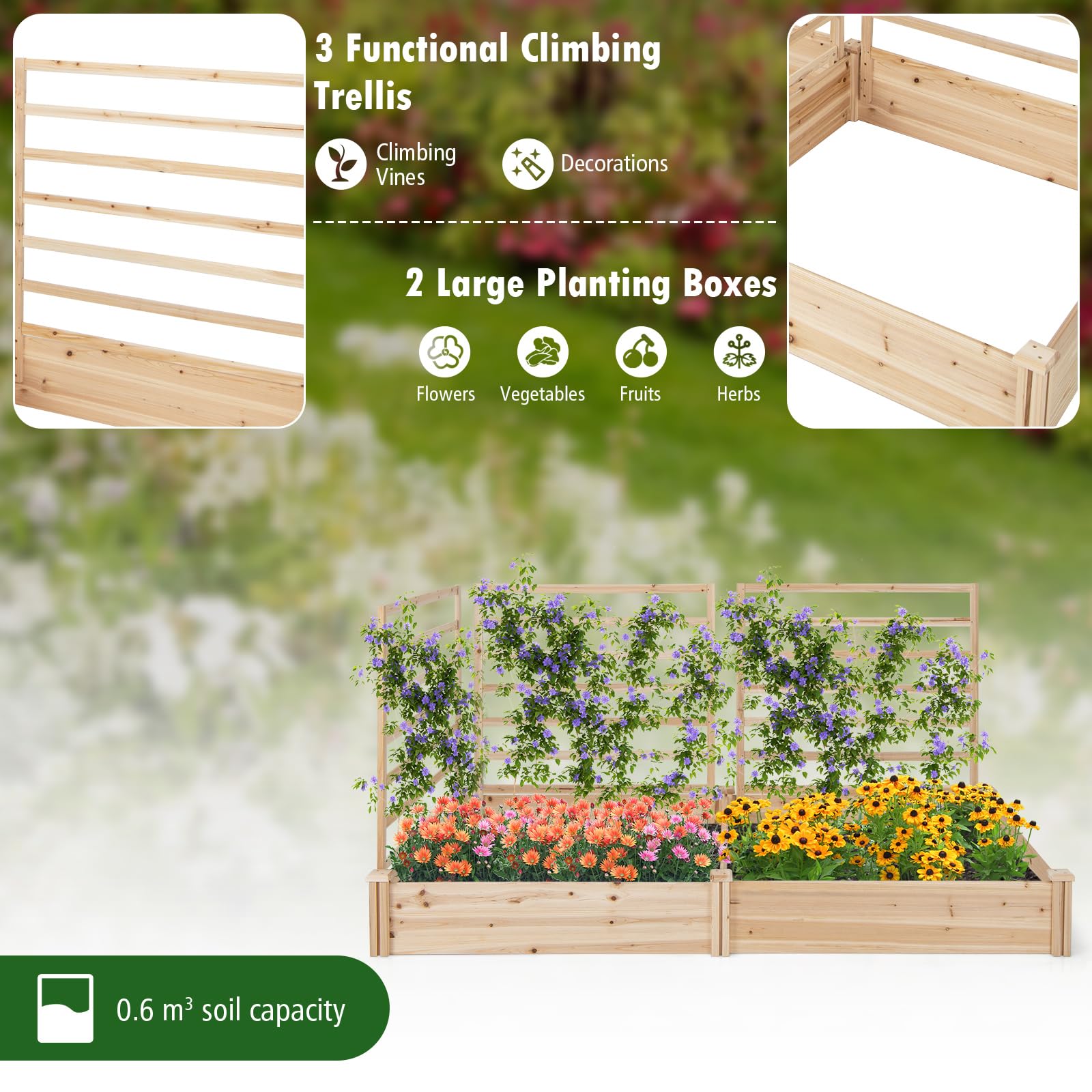 Raised Garden Bed w/ 2 Planter Boxes & 3 Trellis