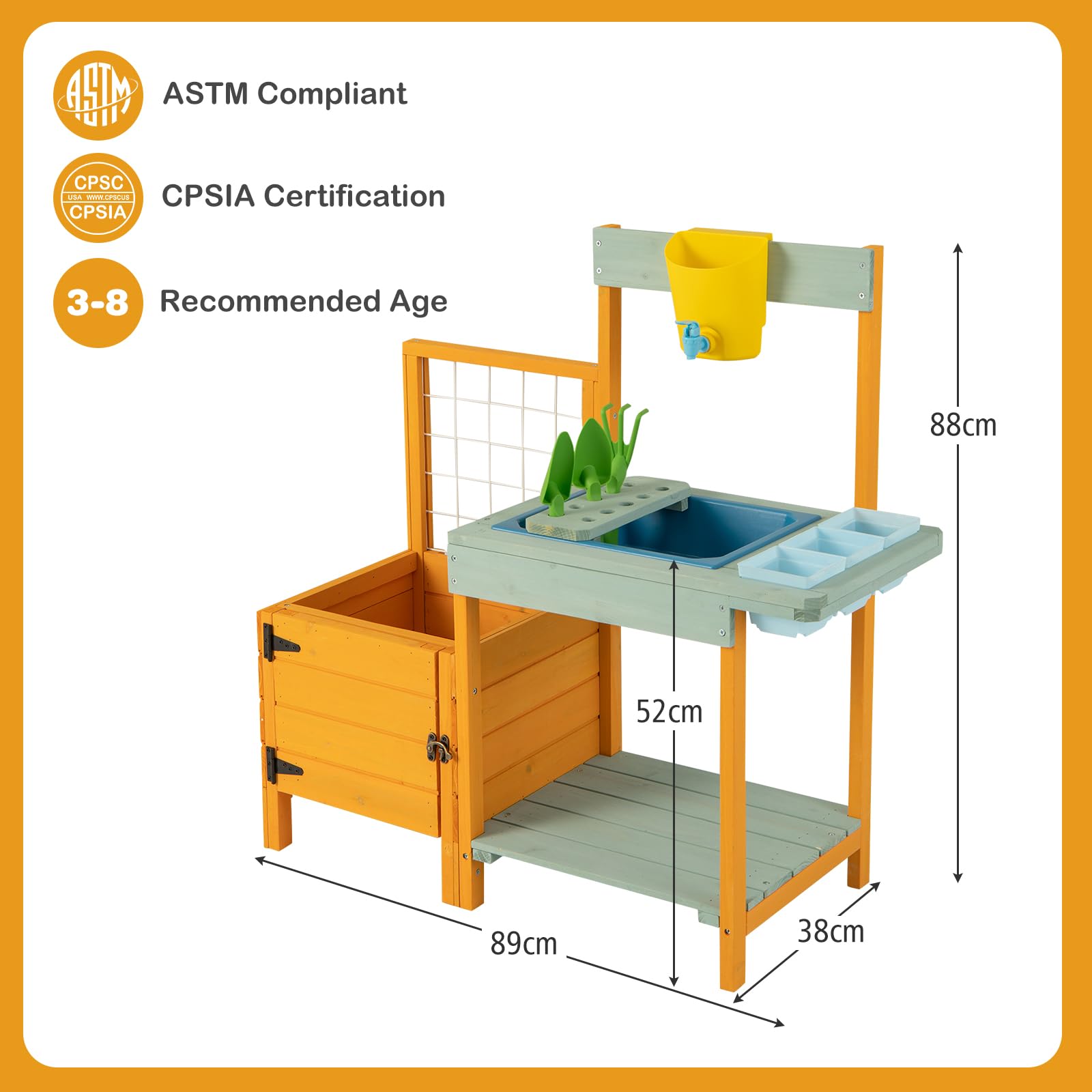 HONEY JOY Kids Outdoor Potting Bench w/See-Through Window, Planter Box and Garden Trellis