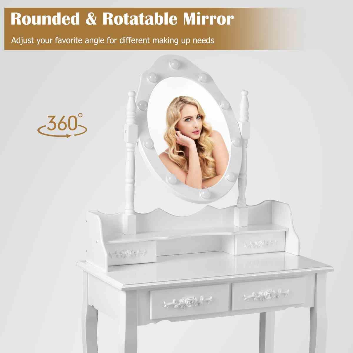 Makeup Vanity Set with Rotating Mirror and 10 LED Dimmable Bulbs