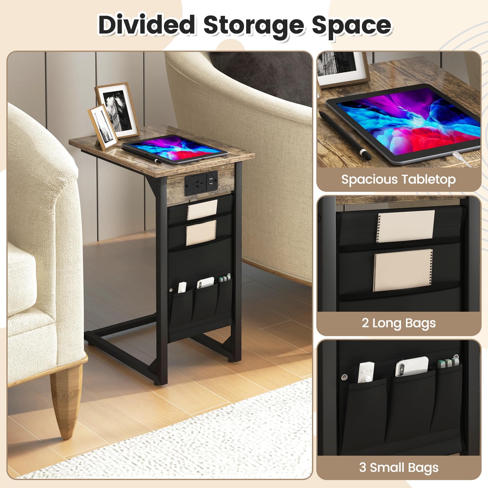 Giantex C Shaped End Table Set of 2, Sofa Side Table with Charging Station & Side Storage Bag