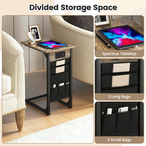 Giantex C Shaped End Table Set of 2, Sofa Side Table with Charging Station & Side Storage Bag