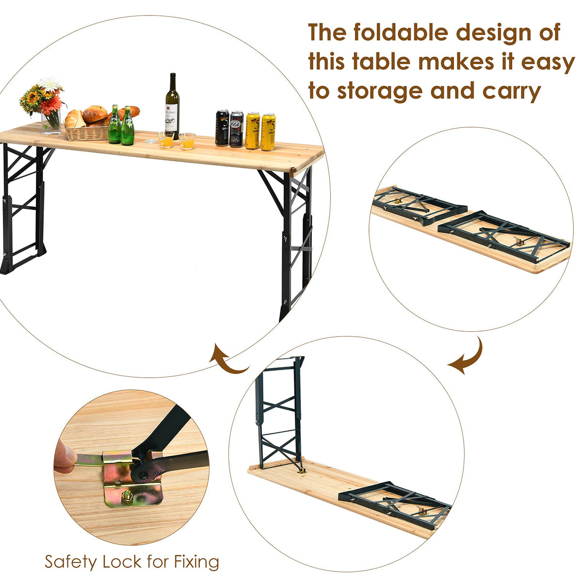 5.5FT Folding Picnic Table, Portable Outdoor Beer Table w/Umbrella Hole & 2 Adjustable Heights