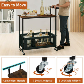 Rolling End Table with Handle, 2-Tier Sofa Side Table with Open Shelf & Mesh Basket