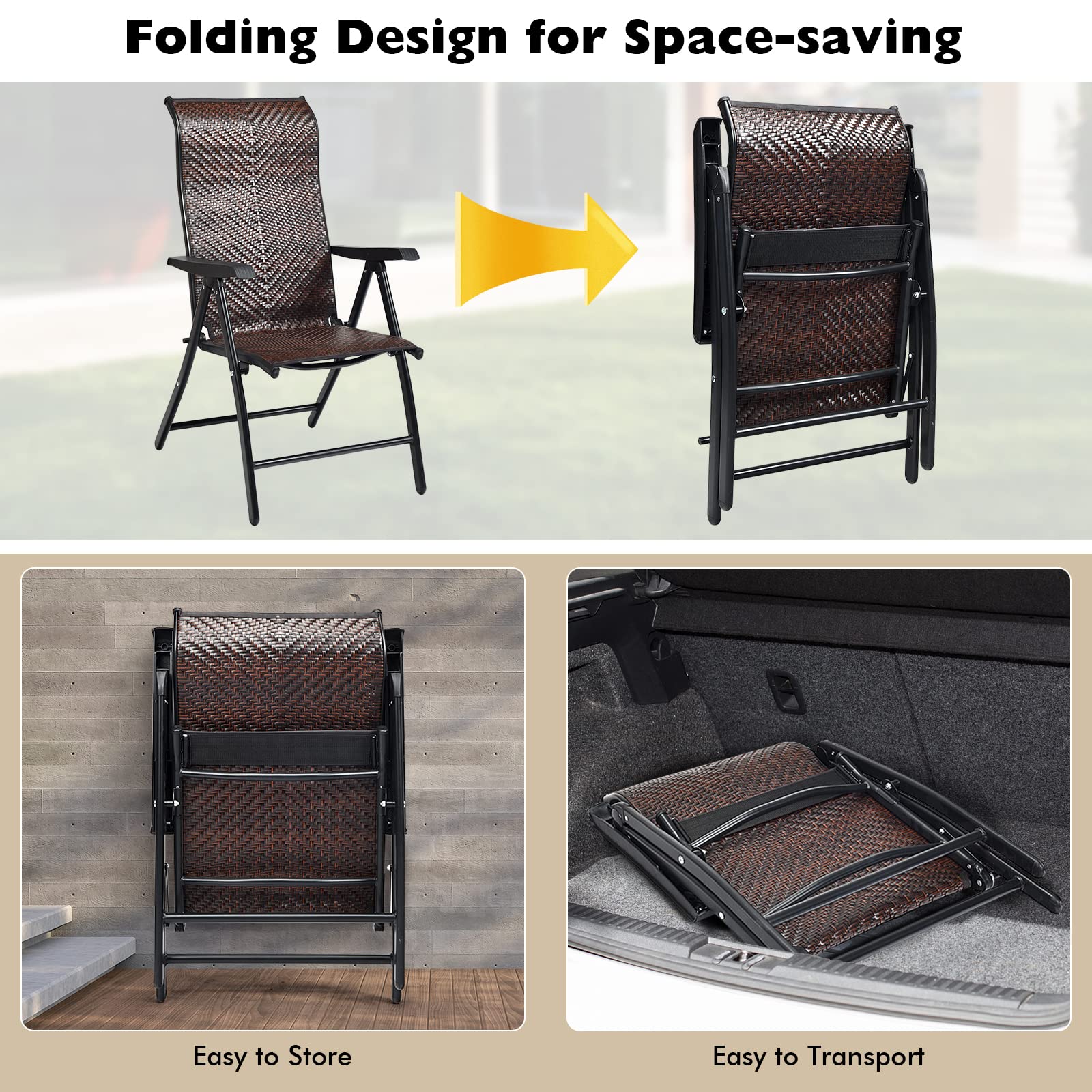 Giantex 2 Piece Patio Rattan Folding Chair, Outdoor Wicker Portable Camping Chair, oldable Chair w/Adjustable High Backrest