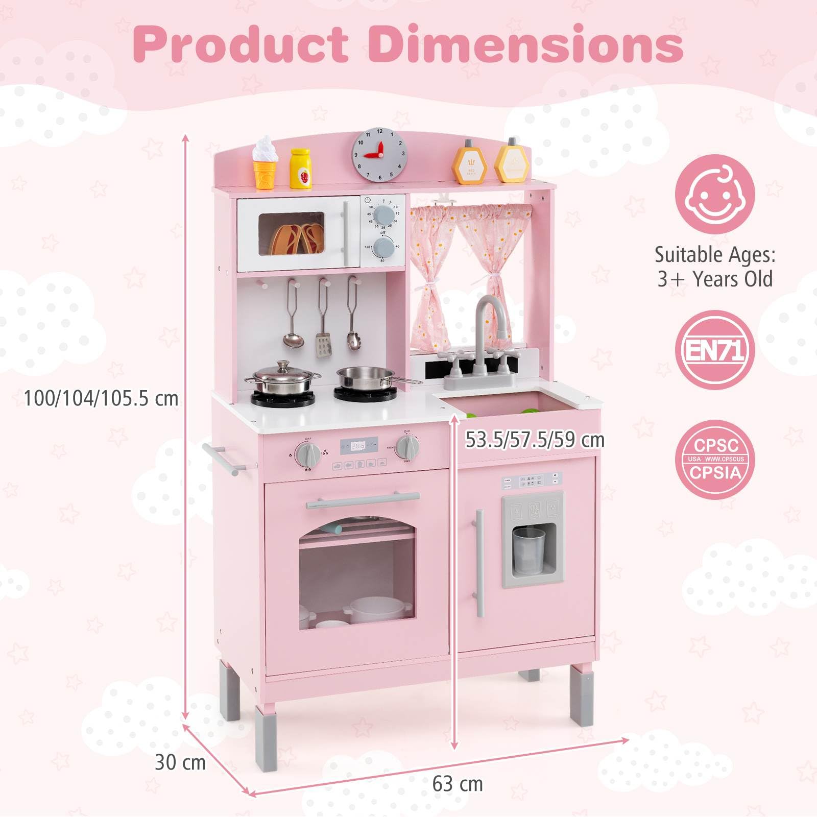 Wooden Play Kitchen for Kids with 3 Adjustable Heights and Stoves and Ice Maker