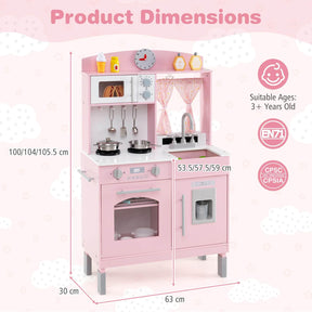 Wooden Play Kitchen for Kids with 3 Adjustable Heights and Stoves and Ice Maker