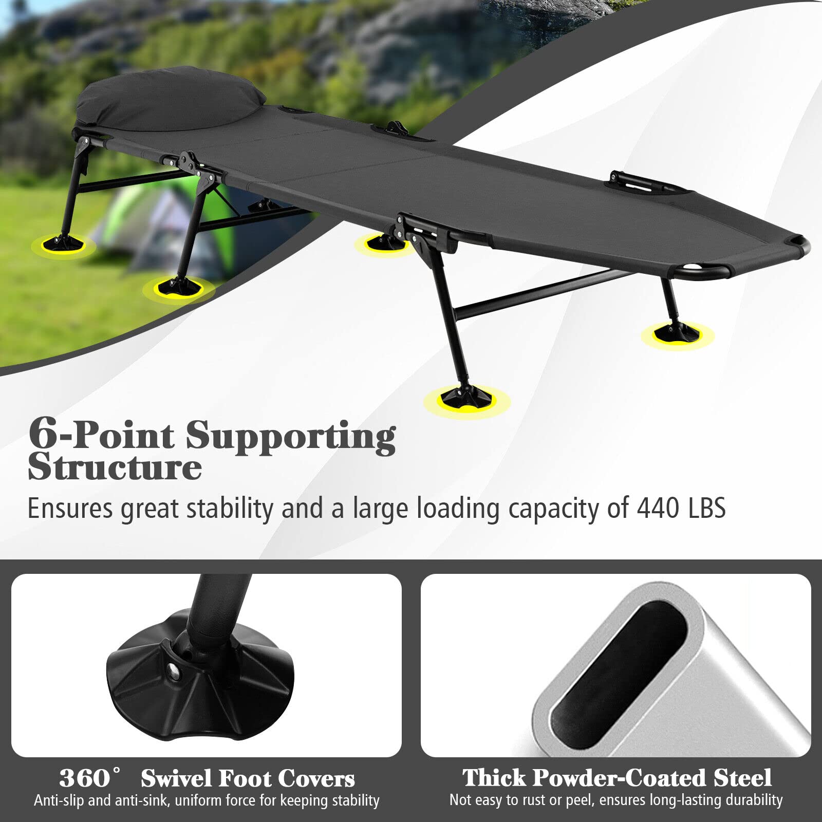 Folding Camping Cot W/Detachable Mattress, 6-Position Adjustable Backrest