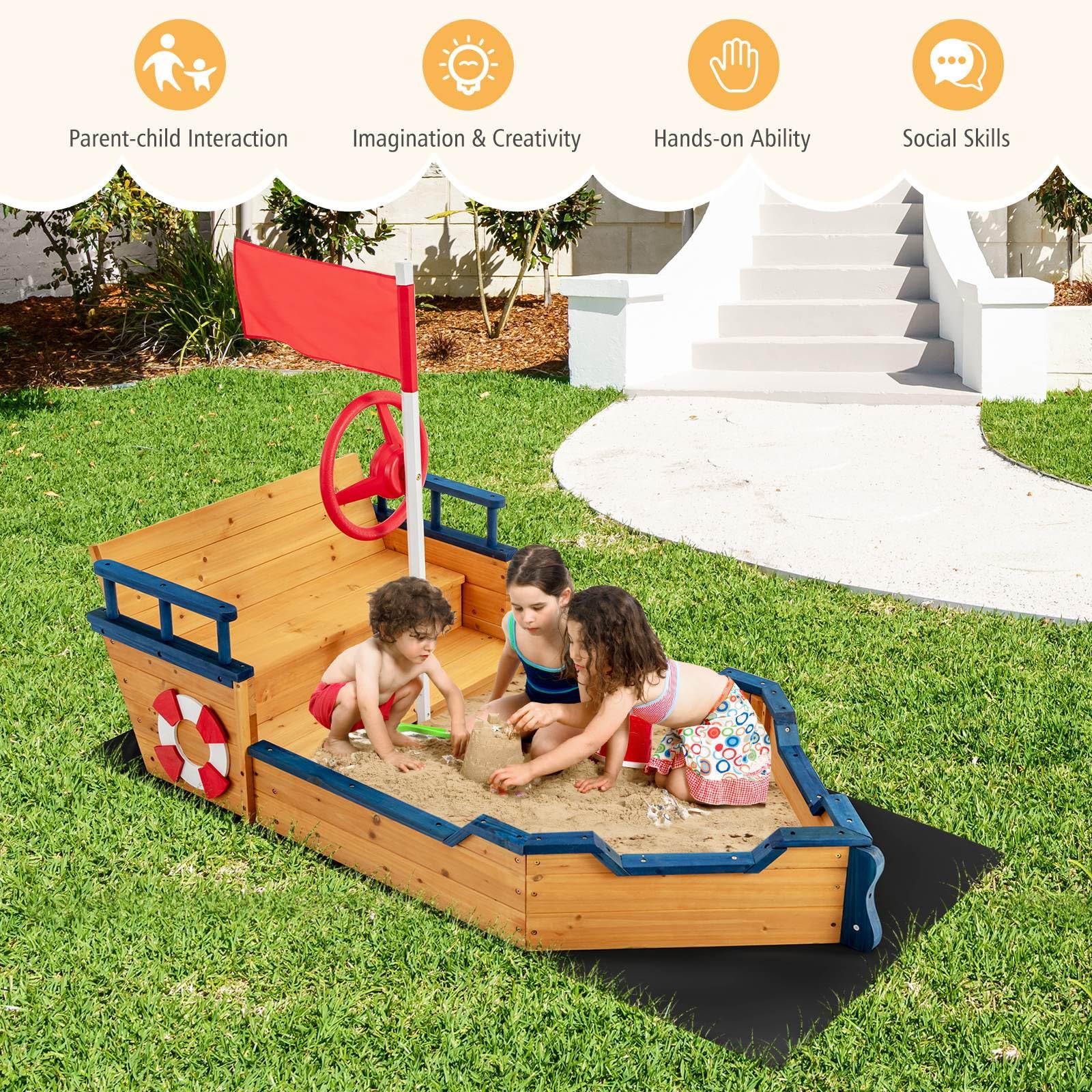 Wooden Sandbox, Large Pirate Ship Play Toy w/2-in-1 Storage Benches, Bottom Sand Protection