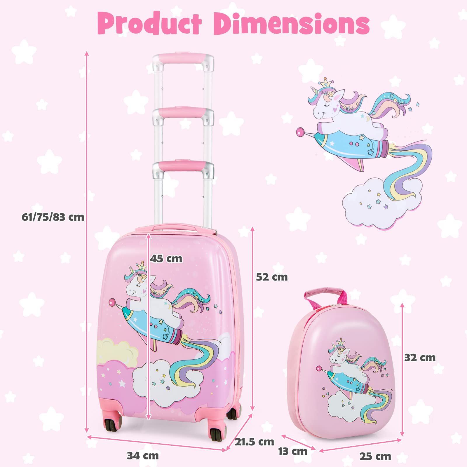 2 PCS Kids Luggage Set, 13” & 18” Toddlers Carry-on Suitcase Backpack Set w/Adjustable Height