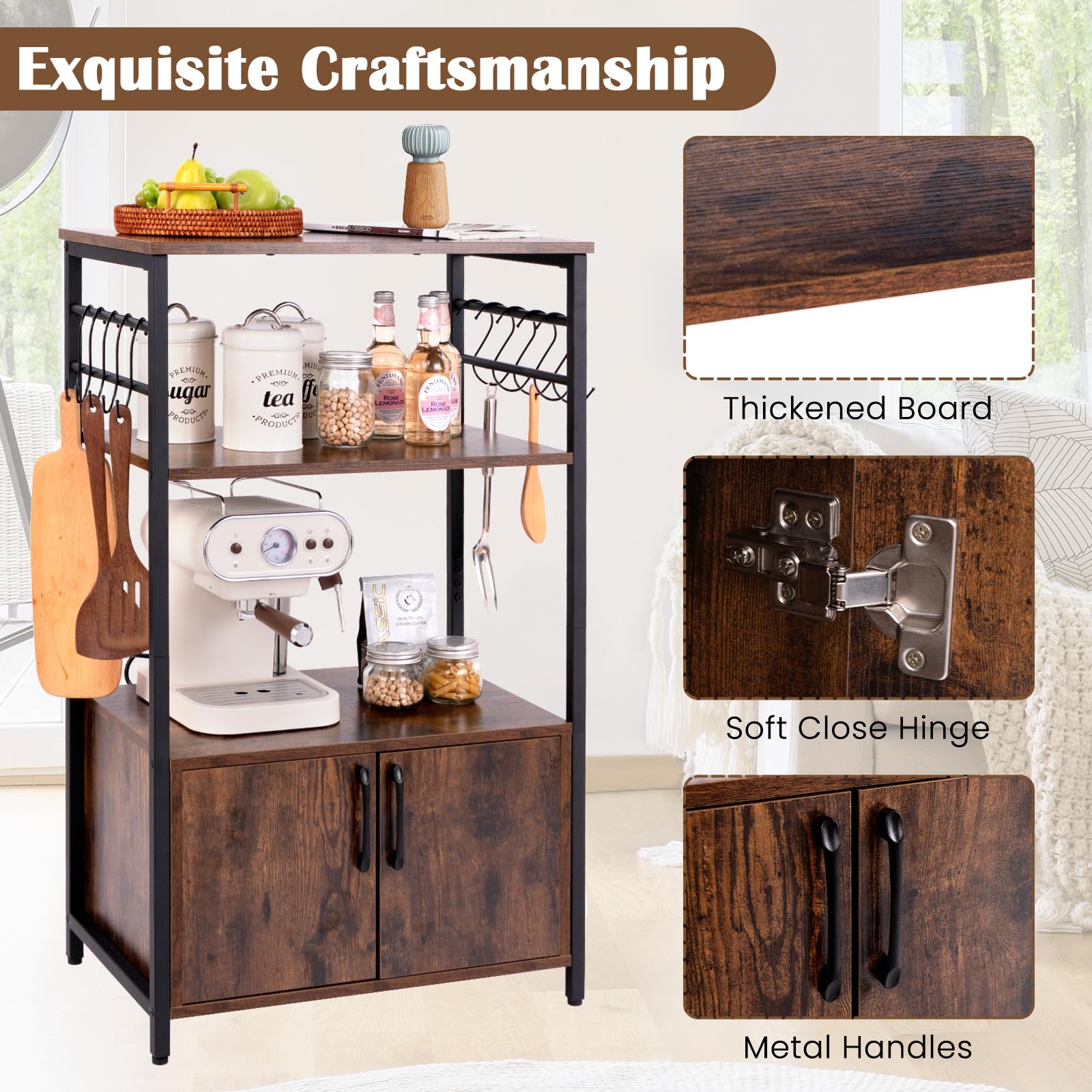 Industrial Kitchen Baker’s Rack 3-Tier Pantry Cabinet Microwave Oven Stand