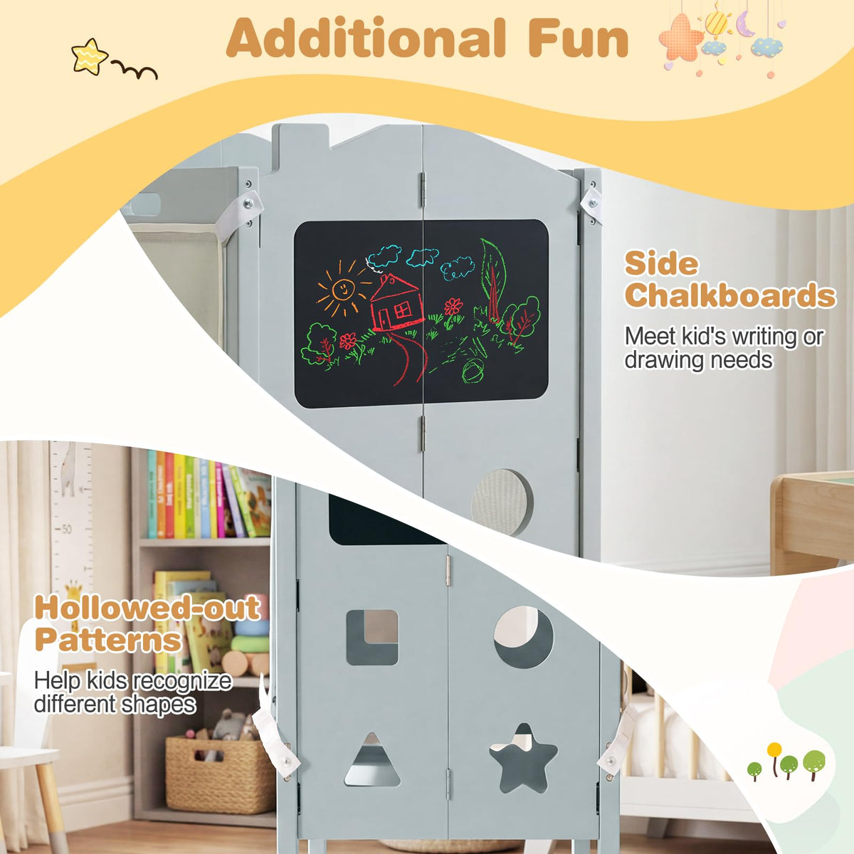 Foldable Toddler Tower with 3 Using Modes Step Stool, Standing Kitchen Tower w/ 2-Step Stool