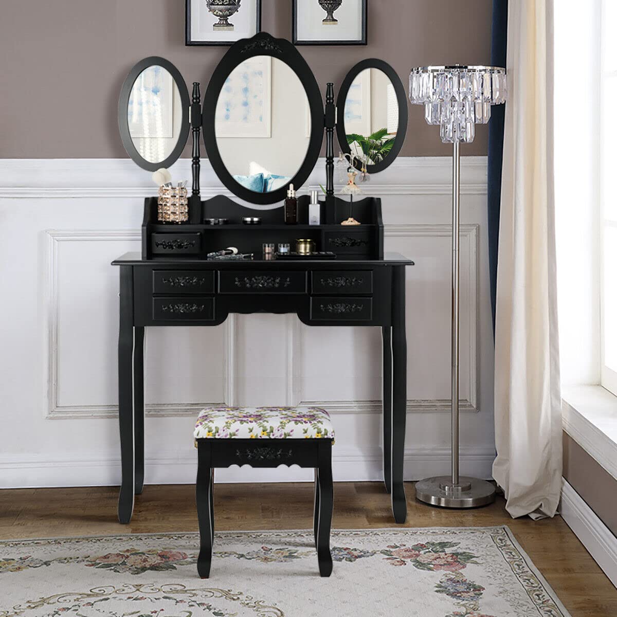 Giantex Folding Vanity Table Set with Mirrors, Elegant Makeup Table & Cushioned Stool Set w/ 7 Drawers and Open Shelf