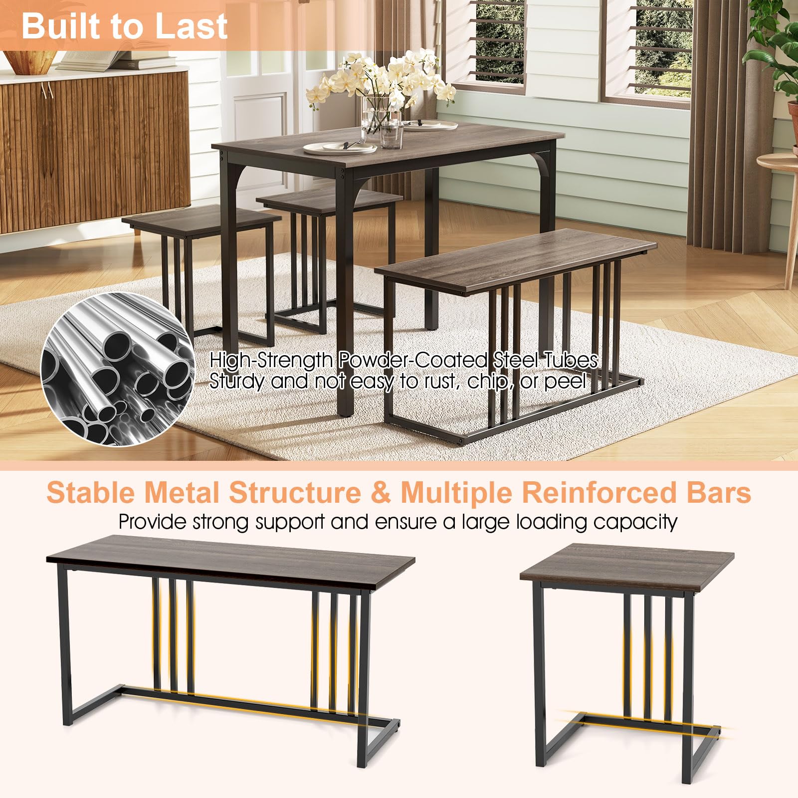 Giantex 4-Piece Dining Table Set, Industrial Dining Table W/Bench & 2 Stools for 4 Persons