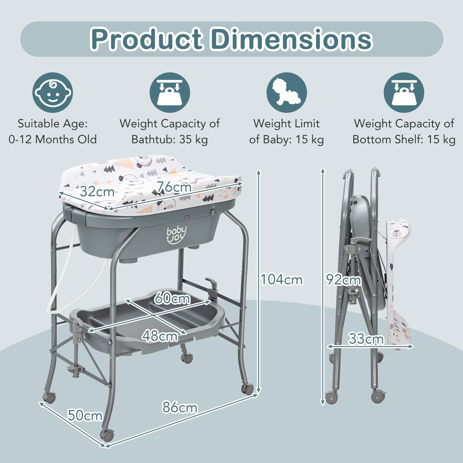 Baby Bathtub with Changing Table, Foldable Diaper Changing Station with Storage Tray