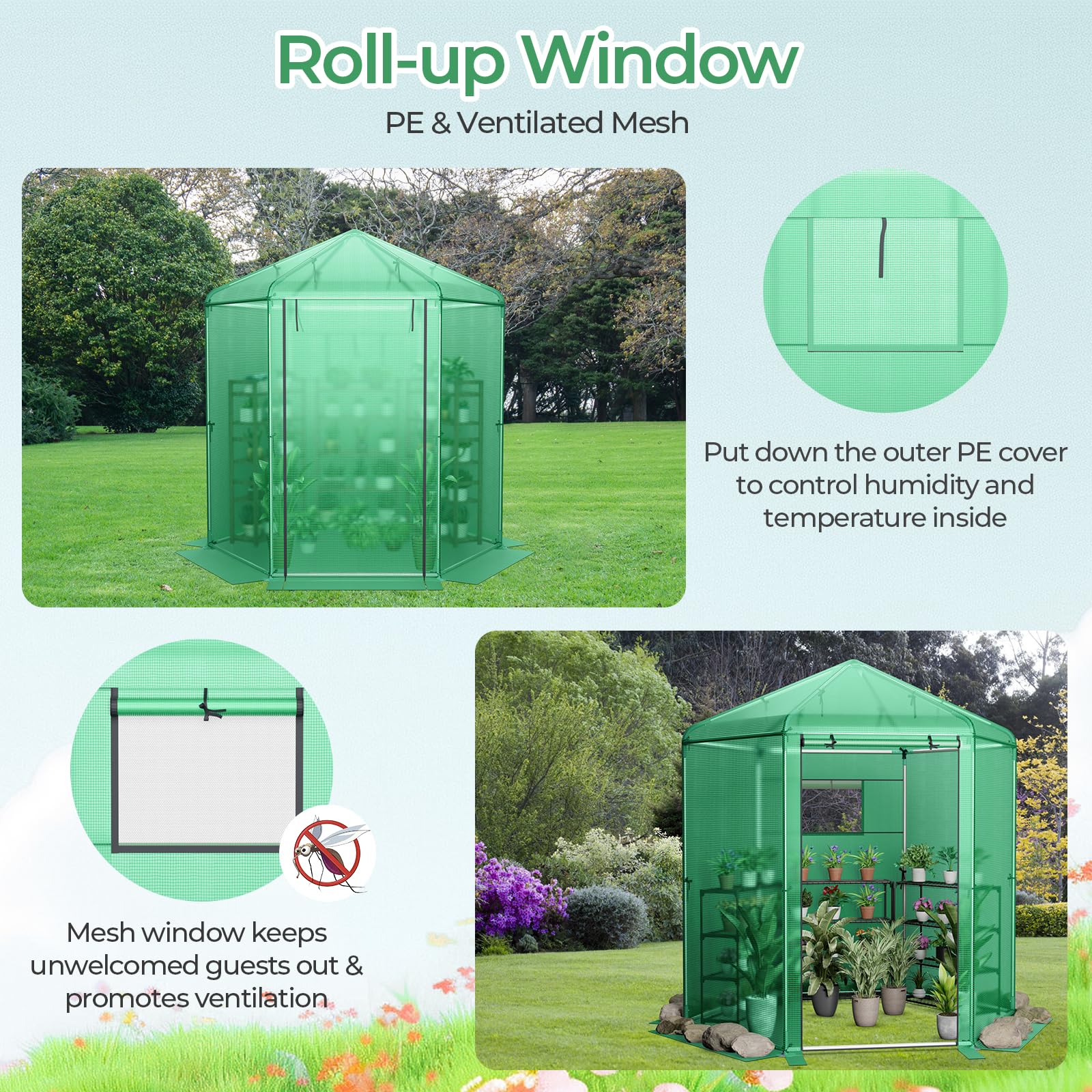 Walk-in Greenhouse, Hexagonal Greenhouse with PE Cover & Metal Frame, Winter Greenhouse with 2-Layered Window & Roll-Up Door