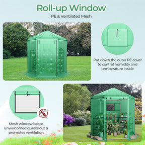 Walk-in Greenhouse, Hexagonal Greenhouse with PE Cover & Metal Frame, Winter Greenhouse with 2-Layered Window & Roll-Up Door