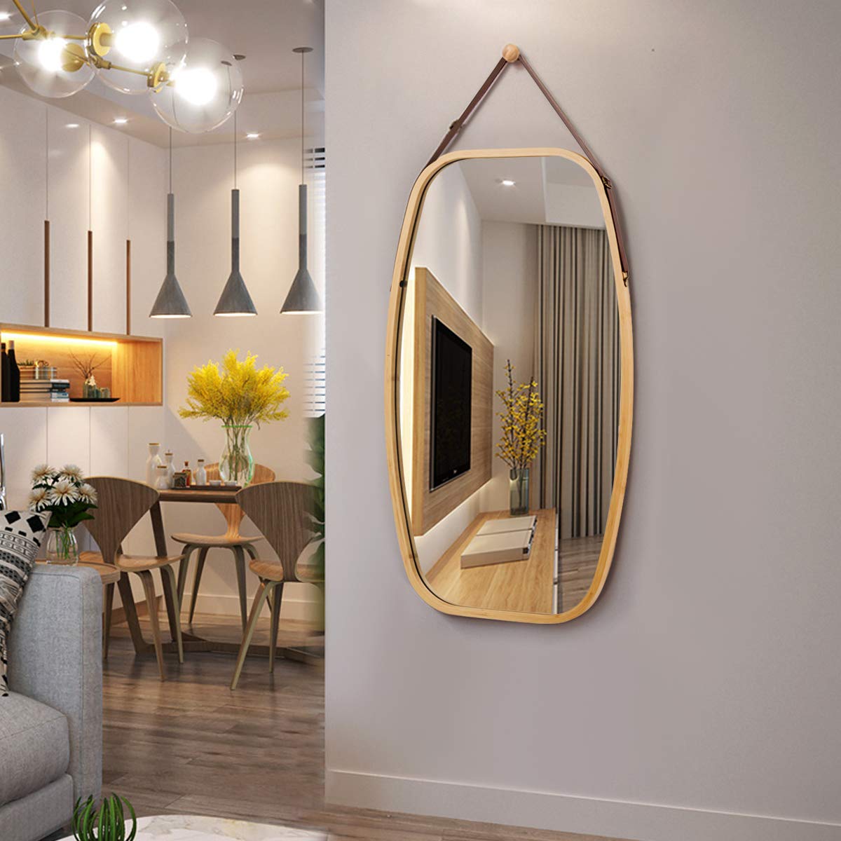 Giantex Wall Hanging Mirror, Bathroom Full Length Mirror, Hanging Wall-Mounted Mirror w/ Bamboo Frame