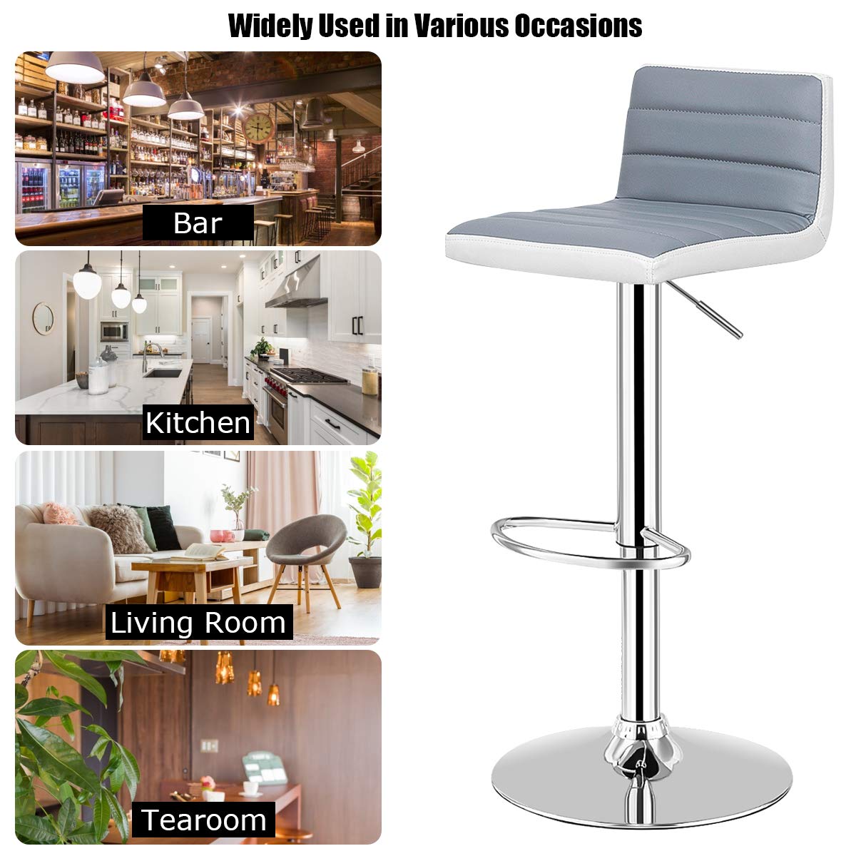 Giantex 2PC Gray & White Bar Stools, Modern Swivel Barstools, Adjustable Height, Gas Lift, PU Leather Seat