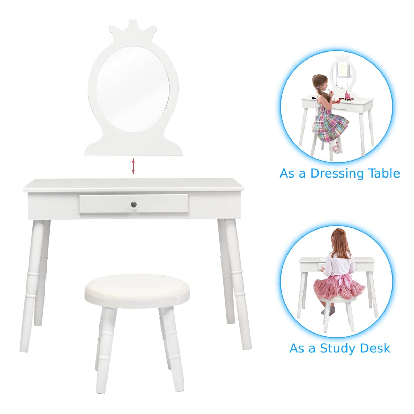 Kids Vanity Dressing Table Stool Set, Children Makeup Table Set
