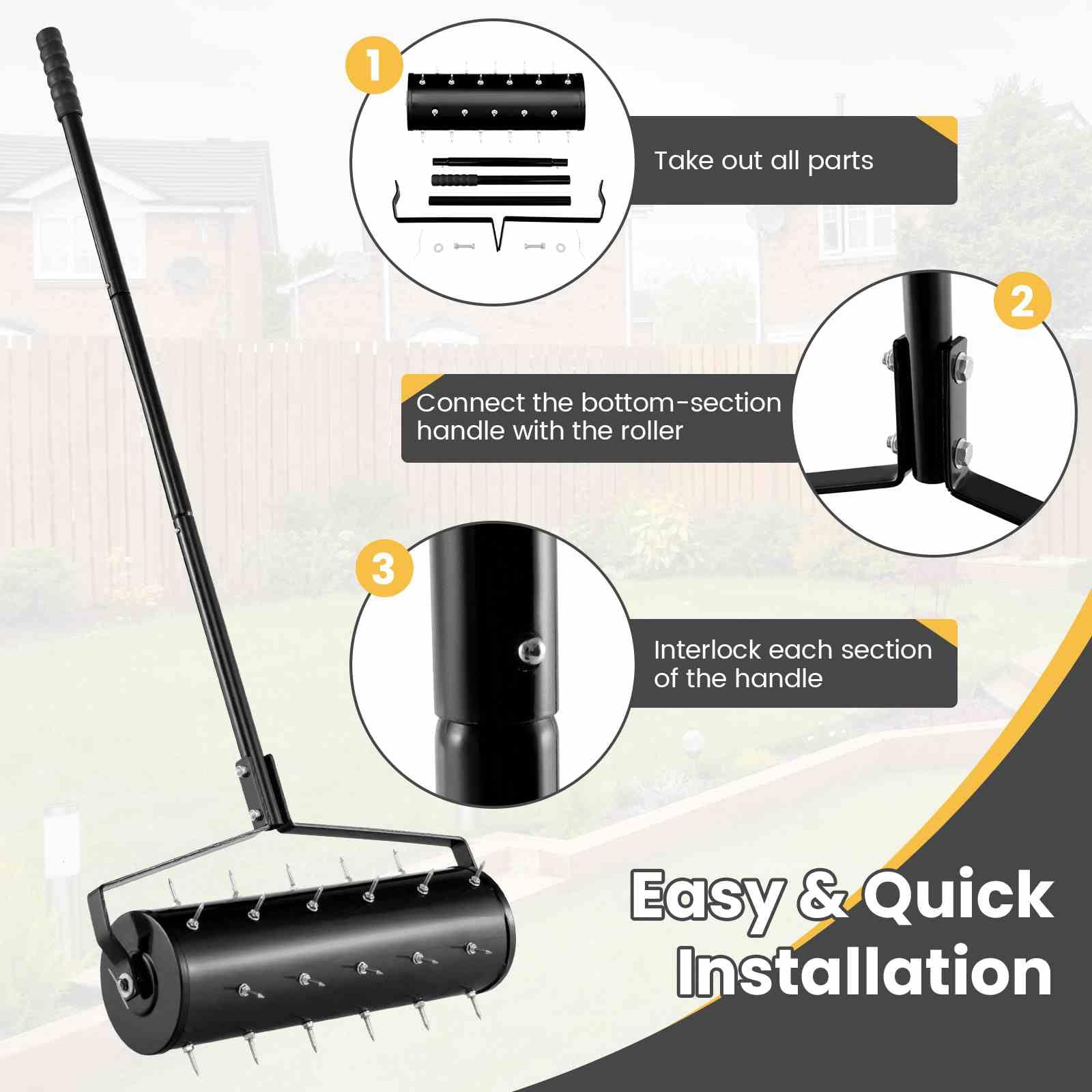 Heavy-Duty Rolling Aerator w/ Lawn Soil Penetrating Spikes & 130 cm Handle