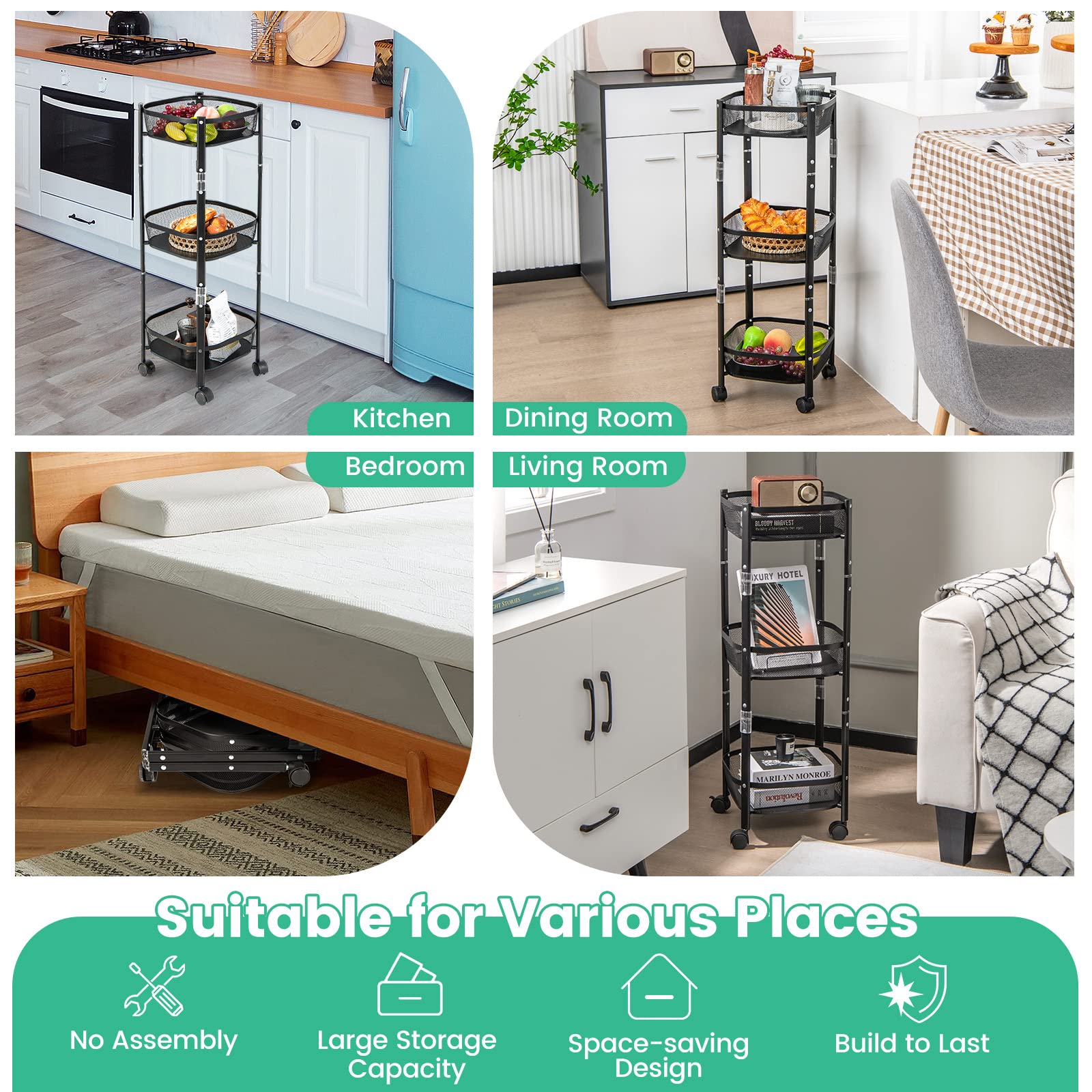 Giantex Foldable 3-Tier Utility Rolling Cart, One-Second Folding Metal Fruit Vegetable Storage Basket Stand with Wheels