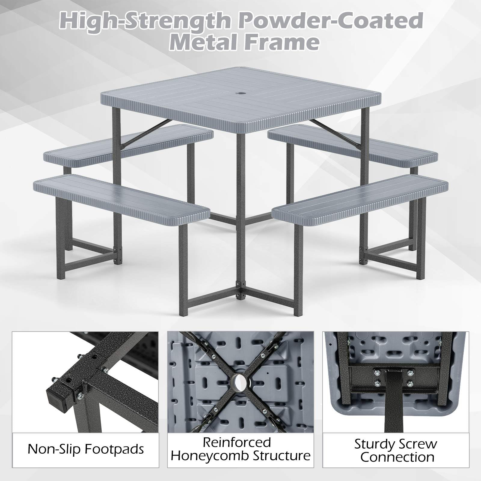 Outdoor Square Camping Dining Table & 4 Benches w/Umbrella Hole