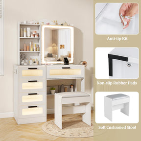 Makeup Vanity Desk w/Mirror & Lights, Dressing Table and Stool Set w/Charging Station