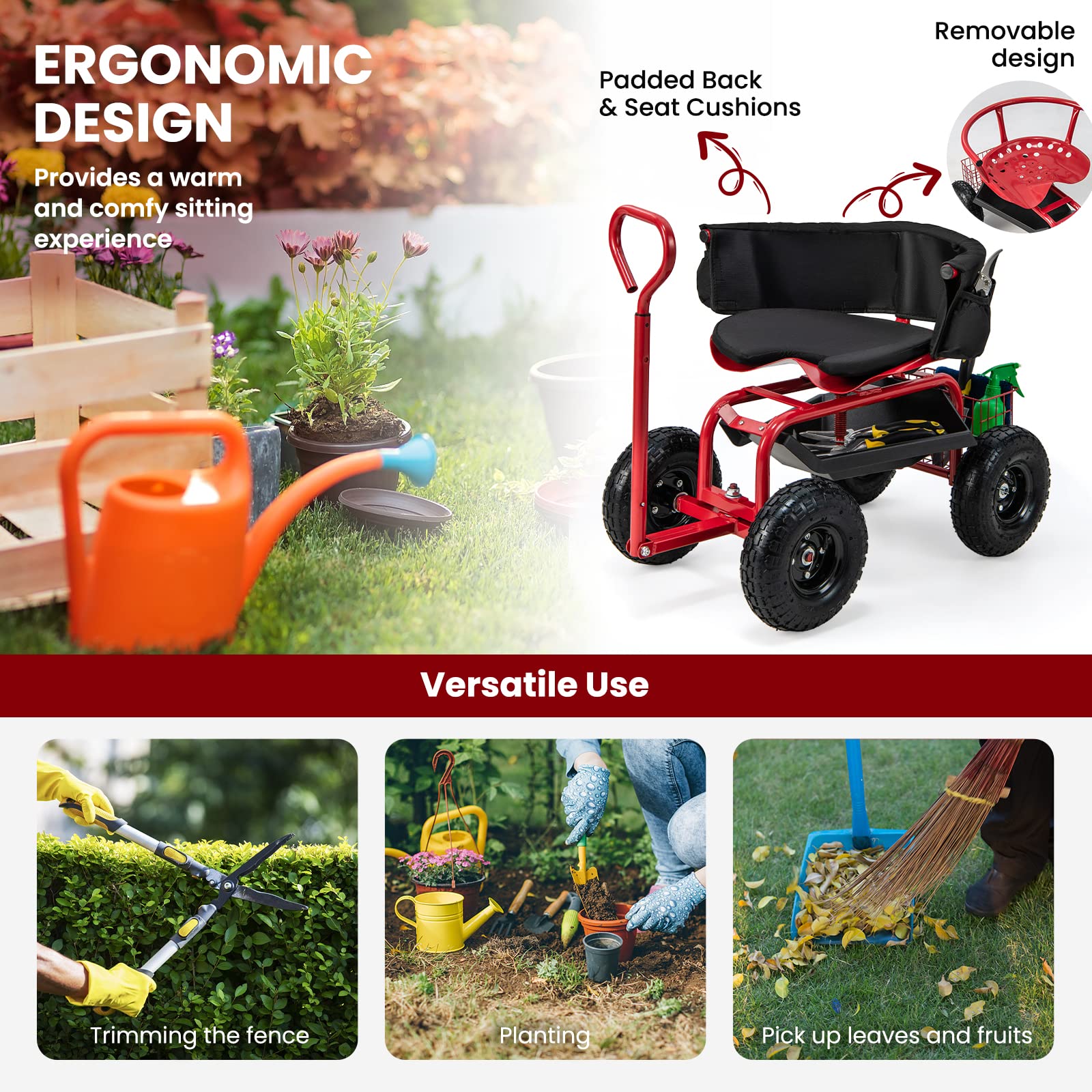 Rolling Garden Cart Scooter, Outdoor Heavy-Duty Gardening Cart w/ 26cm Tires, Swivel Seat