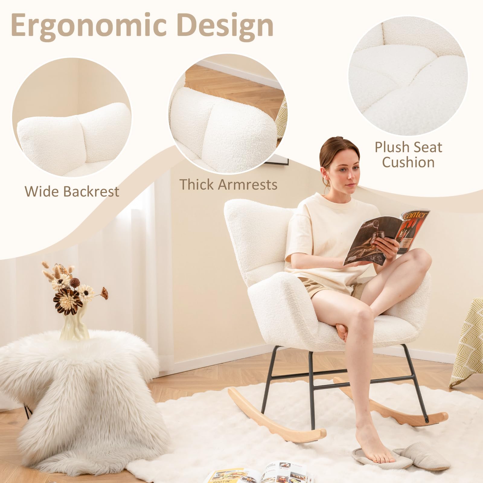 Teddy Fleece Fabric Upholstered Glider Chair Rocking Chair w/ Comfy Backrest