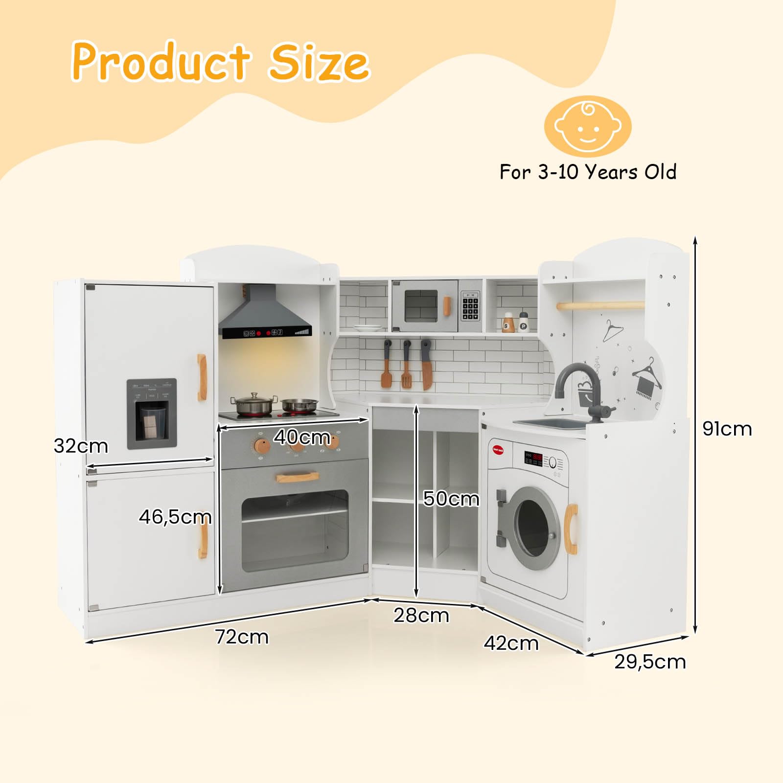 Corner Play Kitchen, Toddler Kitchen Playset with Range Hood, Ice Maker, Microwave, Oven, Sink, Washing Machine