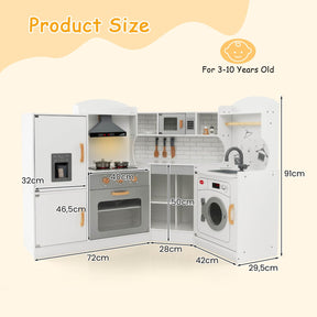 Corner Play Kitchen, Toddler Kitchen Playset with Range Hood, Ice Maker, Microwave, Oven, Sink, Washing Machine