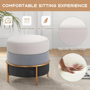 Giantex Upholstered Linen Fabric Ottoman, Multifunctional Round Vanity Stool with Gold Metal Legs & Anti-Slip Foot Pads