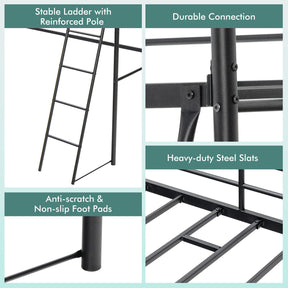 Loft Bed with Ladder, Heavy-Duty Steel Bed Frame with High Guard Rails, Versatile Bed Frame with Ample Underneath Floor Space for Working & Relaxation