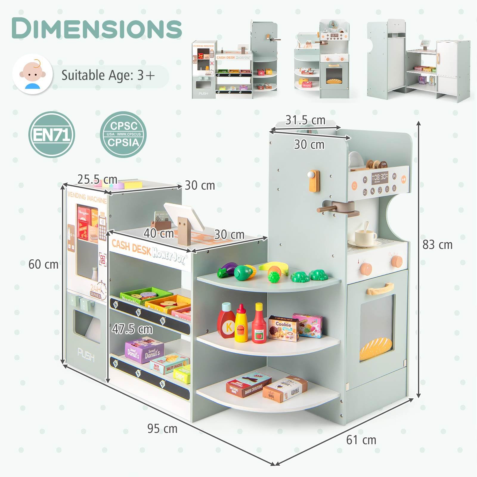 Kids Grocery Store Playset, Wooden Pretend Play Supermarket w/Vending Machine