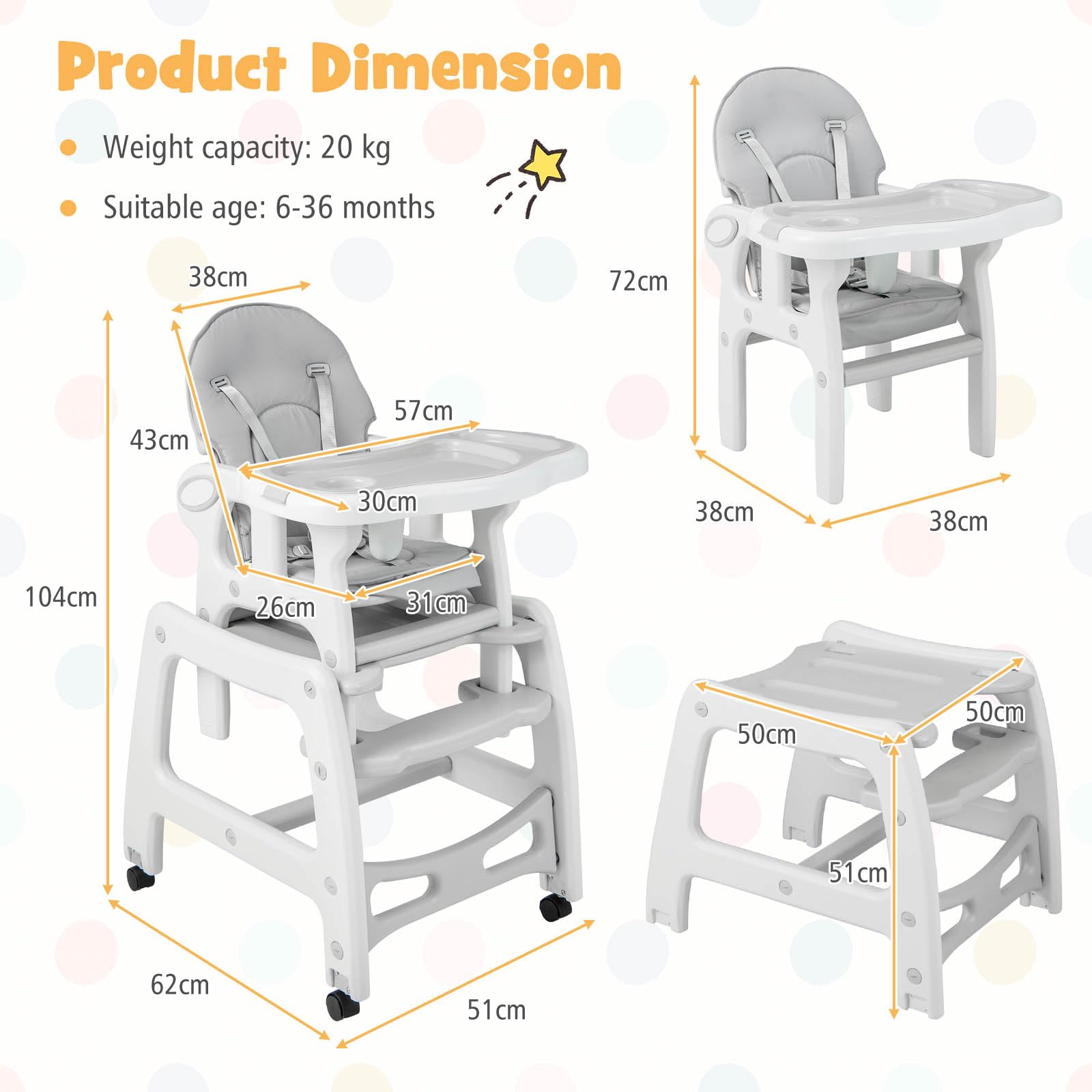 3-in-1 Highchair with Removable 4-Position Tray and Seat Cushion for 6-36 Months