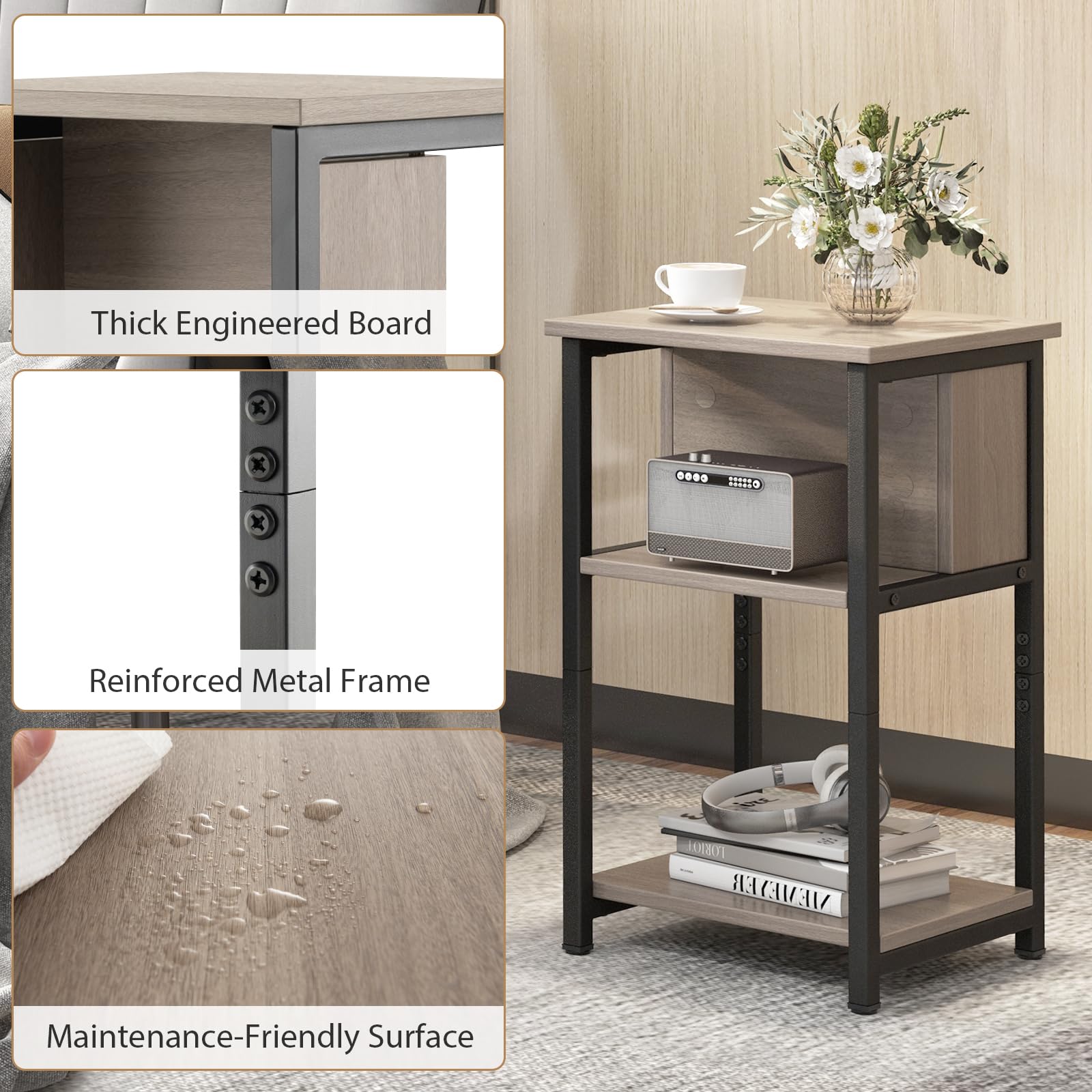Giantex Bedside Table Set of 2, 3-Tier End Table w/Storage Shelf for Small Spaces