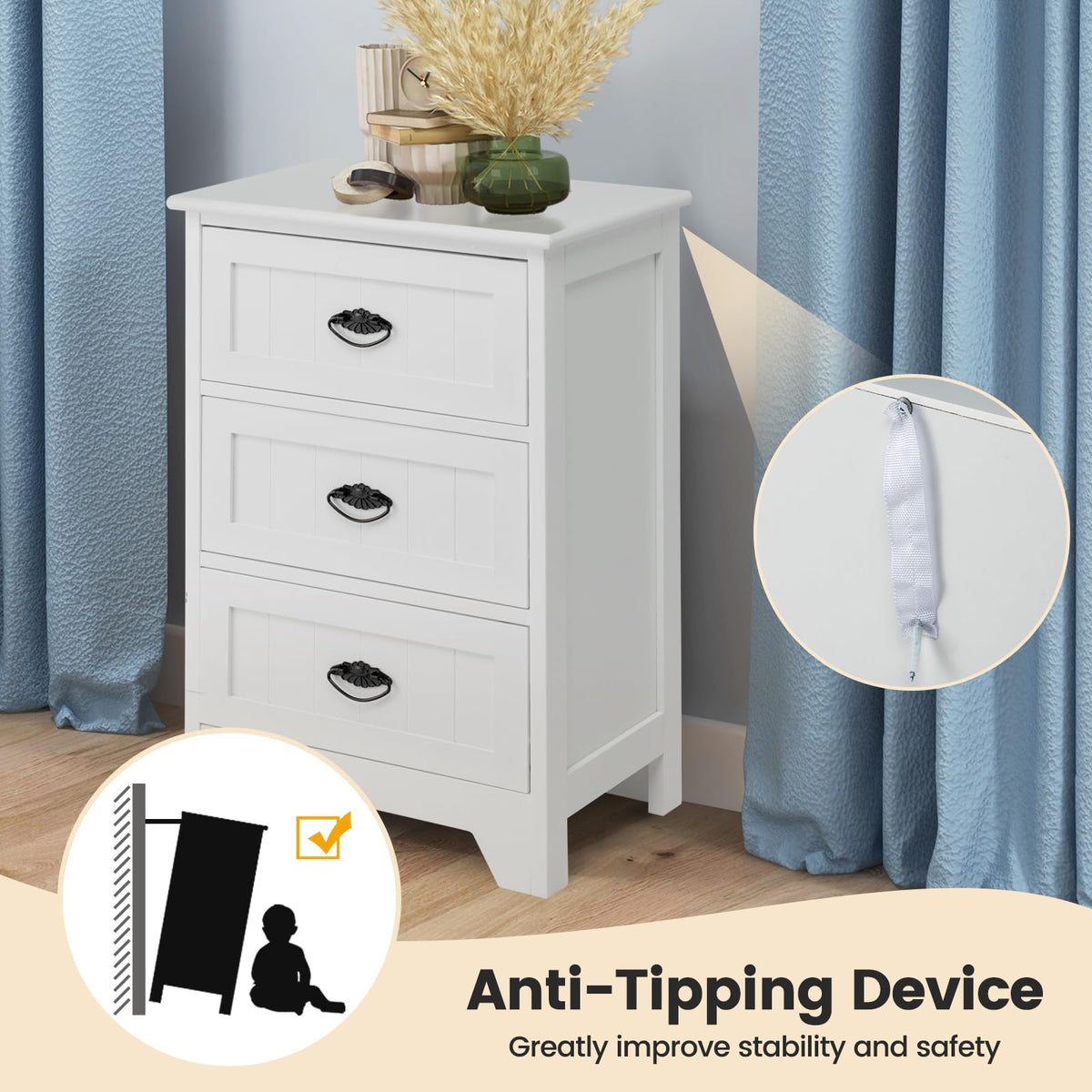 3 Drawers Nightstand, Accent Bedside End Table w/Vintage Handle, Anti-Toppling Device