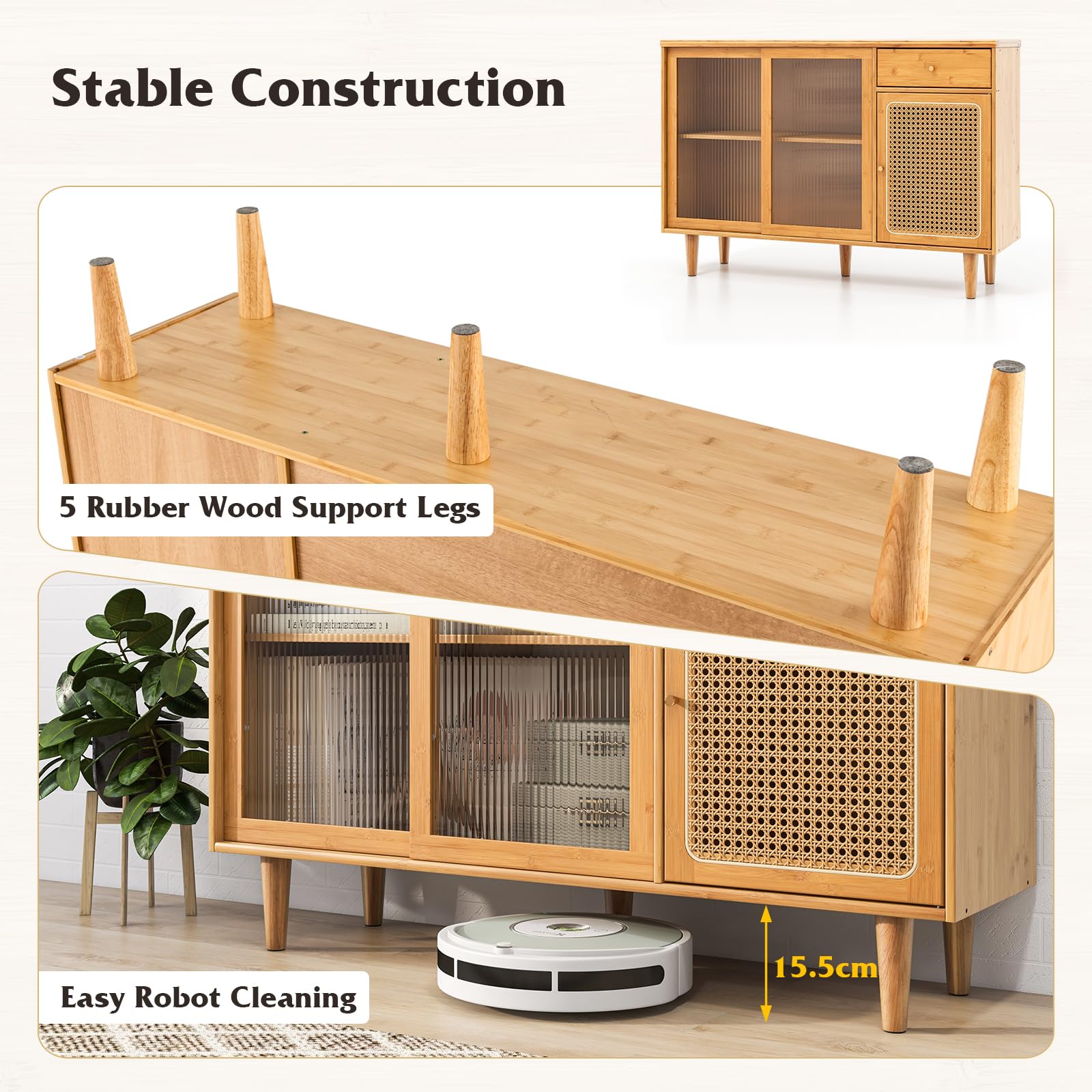 Giantex Buffet Sideboard, Mid Century Modern Bamboo Storage Cabinet w/Tempered Glass Sliding Doors
