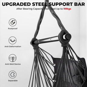 Hammock Swing Chair, Hanging Rope Swing w/Detachable Steel Bars, Side Pocket, Head Pillow & 2 Cushions