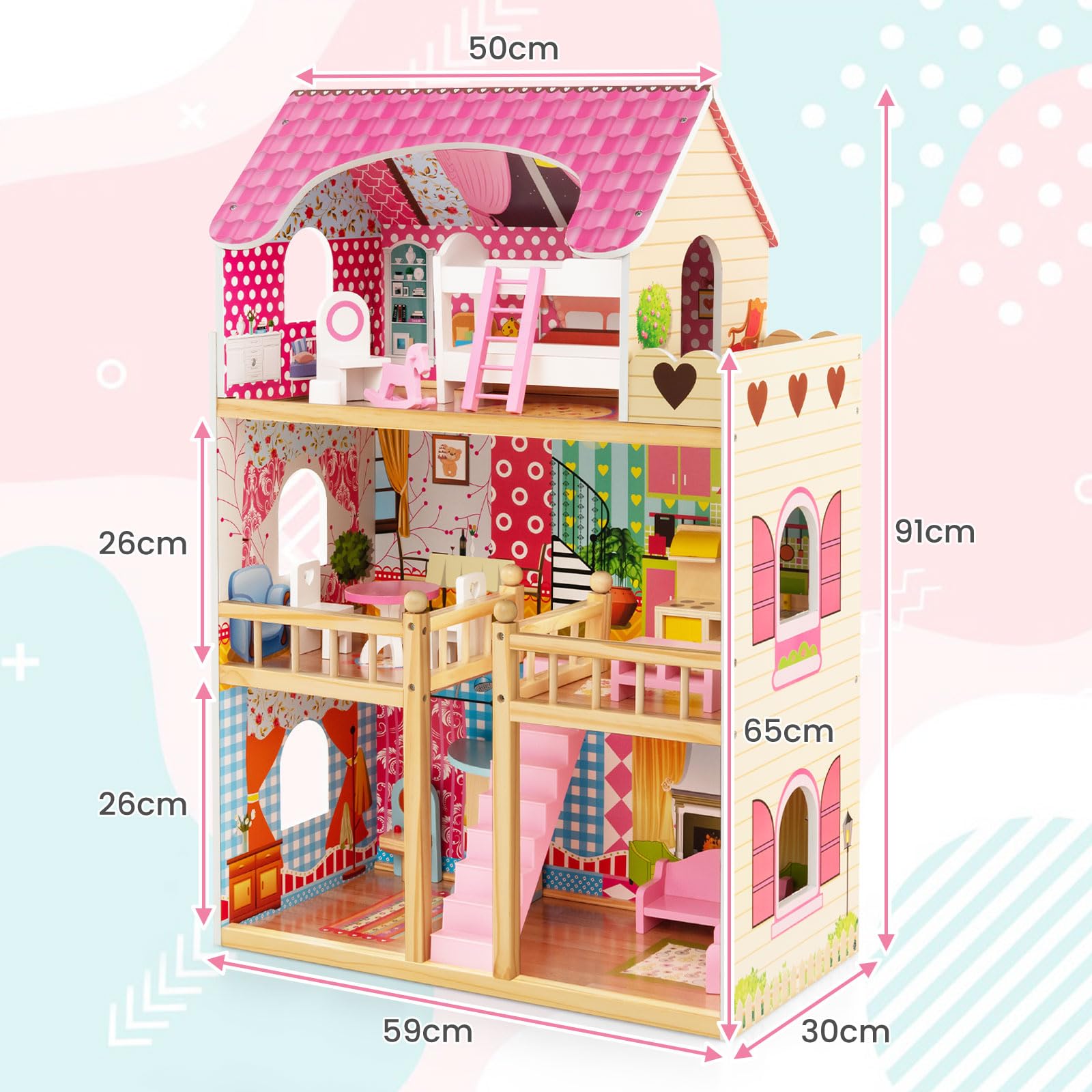 HONEY JOY Kids Wooden Dollhouse Playset w/15 Furniture Accessories