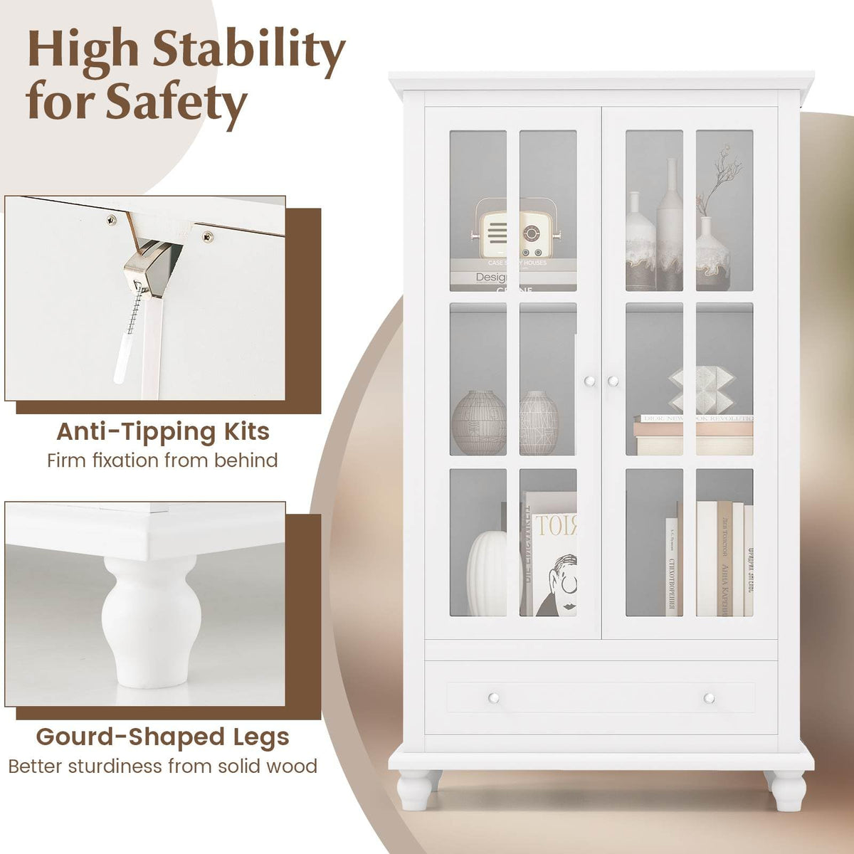 Bookcase Cabinet, 139 cm H Display Cabinet with Tempered Glass Doors, Adjustable Shelf