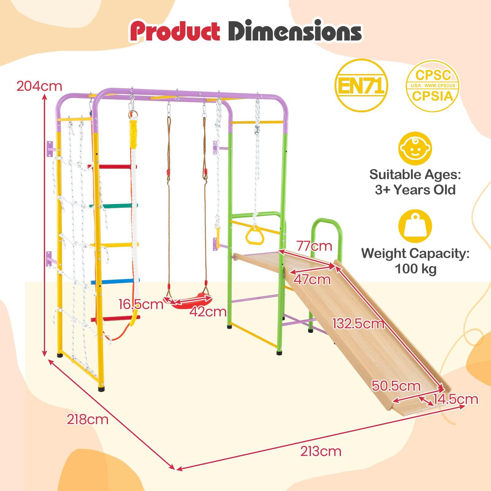 Metal Indoor Jungle Gym, 8-in-1 Climbing Playset w/Monkey Bars